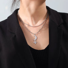 Lilith Crescent Moon Cross Charm Pendant and Necklace Double Layer