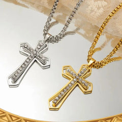 Beautiful key ring, necklace and earrings with a crucifix pendant made of zircon stones