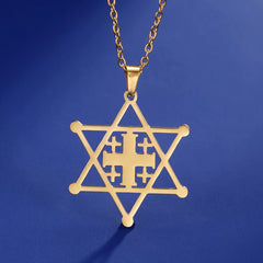 Star of David Necklace Stainless Steel Hexagon Jerusalem Cross Protective Amulet Hanukkah Religious Jewish Jewelry