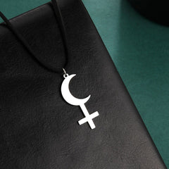 Skyrim Astrological Black Moon Lilith Pendant Necklace for Women Crescent Moon Cross Leather Rope Jewelry Mother's Day Gift