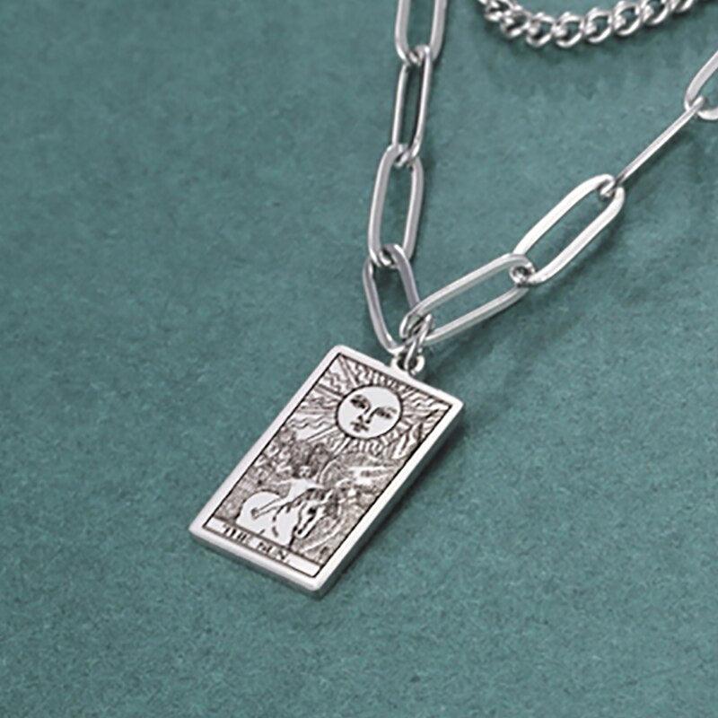 Dawapara Tarot Necklace Double Layer Women Stainless Steel Necklace Vintage Tarot Jewelry Astrology Amulet Pendants - My dear oraculo store