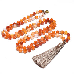 8mm Orange Agate Japamala Beaded Necklace Meditation Yoga Blessing Spirit Jewelry Set 108 Mala Women Rosary Lotus Pendant