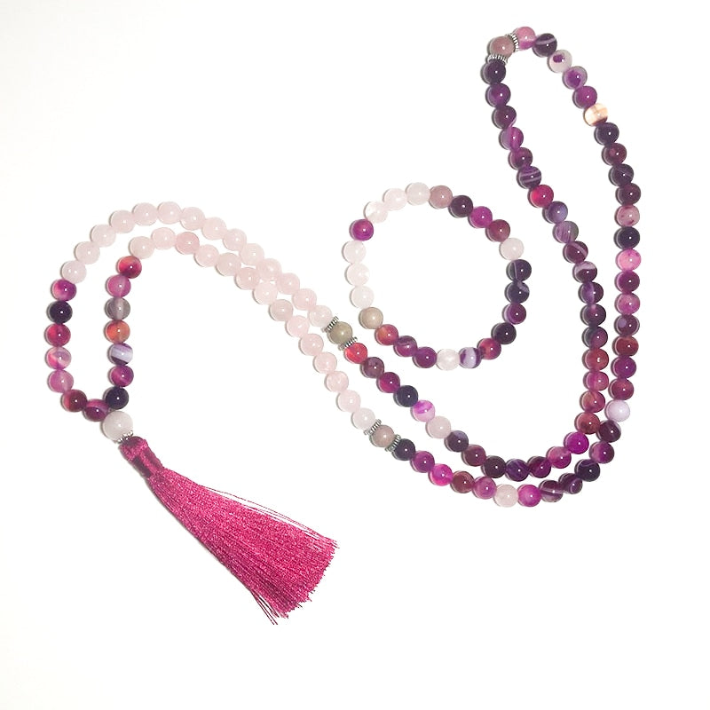 Japamala Japamala Necklace 8mm Rhodochrosite Rose Quartz Agate Beaded 108 Meditation Yoga Healing Tibetan Jewelry Bracelet Tassel Sets