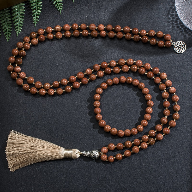 8mm Natural Sandstone Beaded Japamala Necklace Meditation Yoga Spiritual Healing Jewelry 108 Mala Rosary Tibetan Tassel Pendant