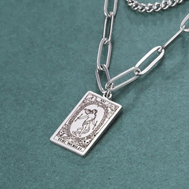 Dawapara Tarot Necklace Double Layer Women Stainless Steel Necklace Vintage Tarot Jewelry Astrology Amulet Pendants - My dear oraculo store