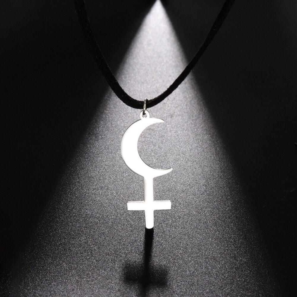 Skyrim Astrological Black Moon Lilith Pendant Necklace for Women Crescent Moon Cross Leather Rope Jewelry Mother's Day Gift - My dear oraculo store
