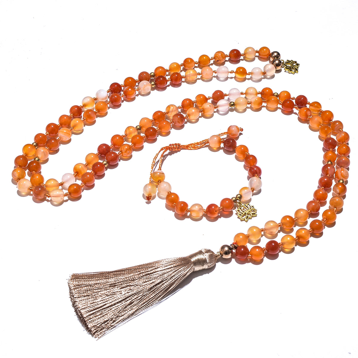 8mm Orange Agate Japamala Beaded Necklace Meditation Yoga Blessing Spirit Jewelry Set 108 Mala Women Rosary Lotus Pendant